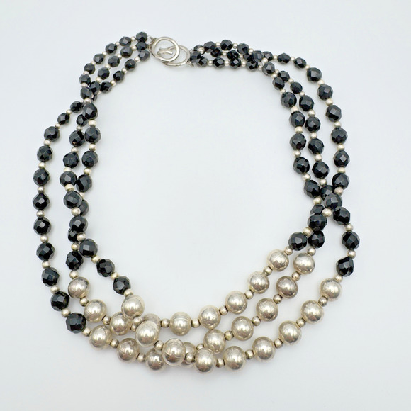 Vintage HOBE Necklace Signed Triple Strand Faceted French Jet 16" - Picture 2 of 7